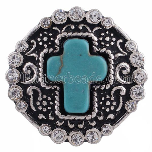 20MM cross snap Silver Plated with rhinestones and cyan Turquoise KC6224 snaps jewelry