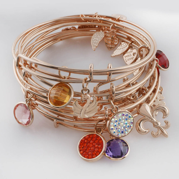 10pcs Wire Bangle  with MIX charm random typeall High quality Rose Gold plated  Alex and Ani style Expandable