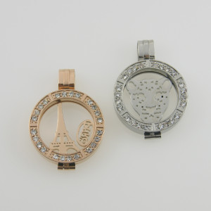 Mosaic Crystal Stainless steel coin locket keeper holder fit 25MM coin rose gold color