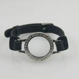 Stainless steel coin locket bracelet fit 25MM coin black leather with silver frame