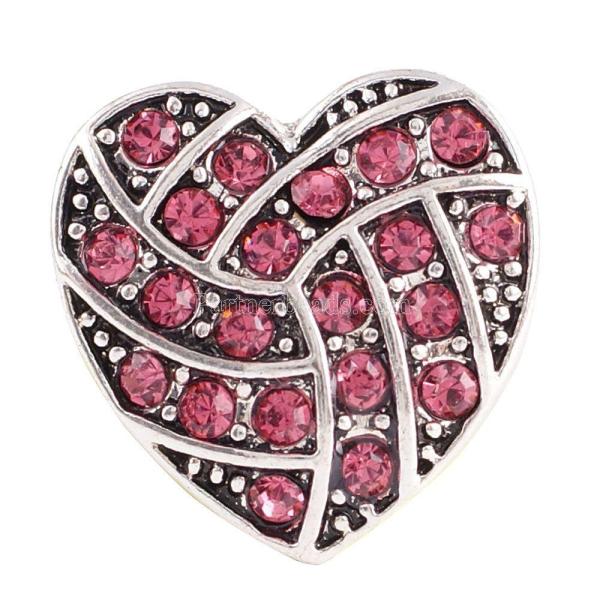 20MM love volleyball snap button Antique Silver Plated with rose-red  rhinestone snap jewelry