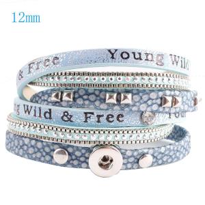 40cm 1 snap button pu leather bracelets fit 12mm snaps with light blue leather and charm KS0603-S