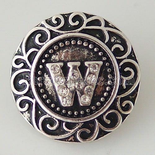 20MM English alphabet-W snap Antique silver  plated with Rhinestones KB6276 snaps jewelry
