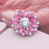 20MM flower snap Silver Plated with  rose-red rhinestone KC7880 snaps jewelry