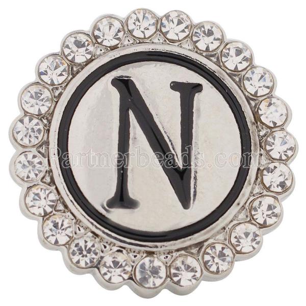 20MM English alphabet-N snap Antique silver  plated with Rhinestones KC8543 snaps jewelry