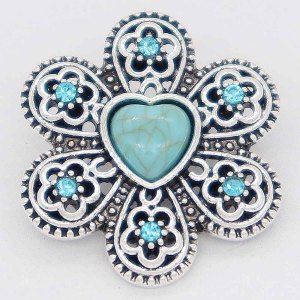 20MM love flower snap Silver Plated with cyan Rhinestone and Turquoise KC6865