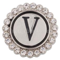 20MM English alphabet-V snap Antique silver  plated with Rhinestones KC8551 snaps jewelry