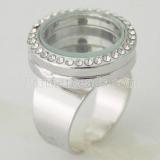 ALLOY Ring adjustable size with 20mm floating locket with Rhinestone