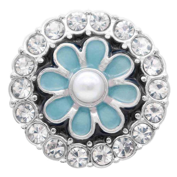 20MM flower snap Silver Plated with rhinestone and blue enamel KC7781 cyan