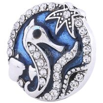 20MM Hippocampus round snap Silver Plated with Rhinestones and blue Enamel KC6144 snaps jewelry