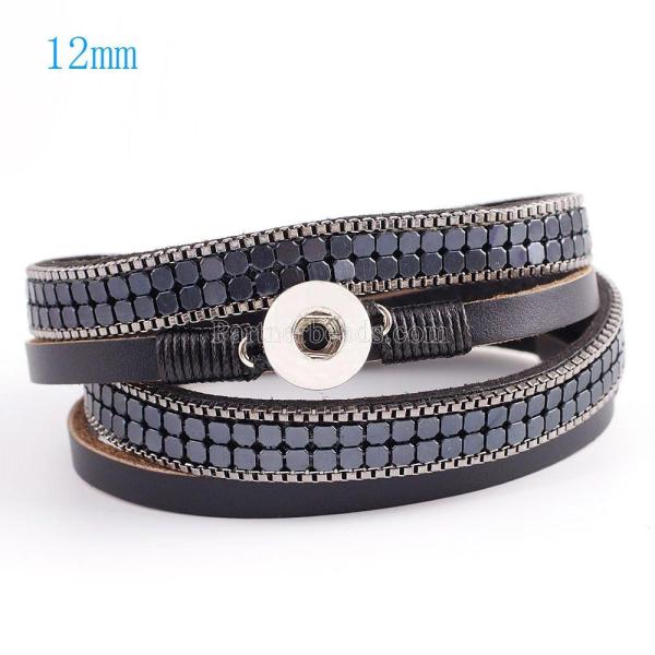 40cm 1 snap button pu leather bracelets fit 12mm snaps with black leather and charm KS0609-S