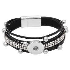 1 buttons Black leather with white rhinestone KC0503 new type Bracelet fit 20mm snaps chunks