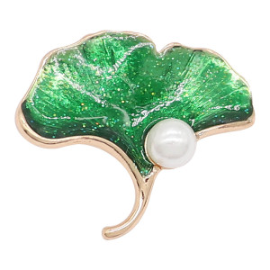 20MM Ginkgo leaf pearl snap Gold plated with green enamel KC8085 charms snaps jewelry