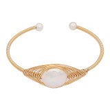 Nature Pearl Bangle Bracelet made of  copper wire real gold plating wrap adjustable size