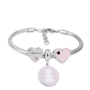 Stainless steel Charm Bracelet with 3 charms Beloved girl pink completed cartoon