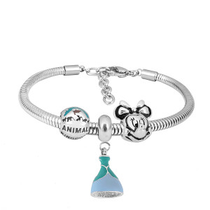 Stainless steel Charm Bracelet with 3 charms skirt blue completed cartoon