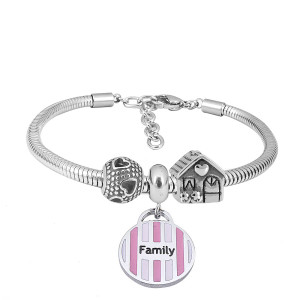 Stainless steel Charm Bracelet with 3 charms Family pink completed cartoon