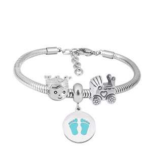 Stainless steel Charm Bracelet with 3 charms babyboy blue Footprint completed cartoon