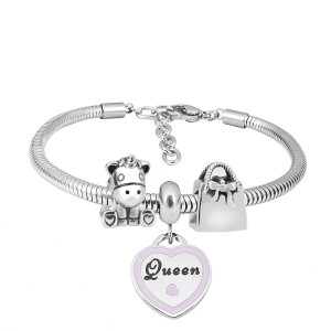 Stainless steel Charm Bracelet with 3 charms queen pink completed cartoon