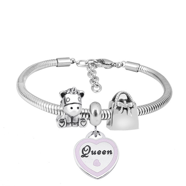 Stainless steel Charm Bracelet with 3 charms queen pink completed cartoon