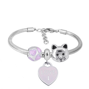Stainless steel Charm Bracelet with 3 charms love cat purple completed cartoon