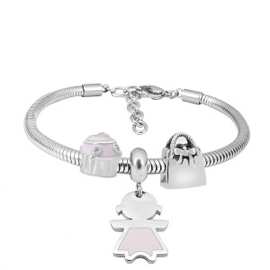 Stainless steel Charm Bracelet with 3 charms girl pink completed cartoon