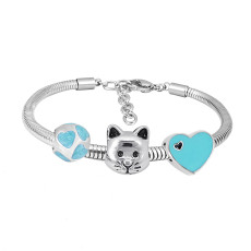 Stainless steel Charm Bracelet with blue cat 3 charms completed cartoon
