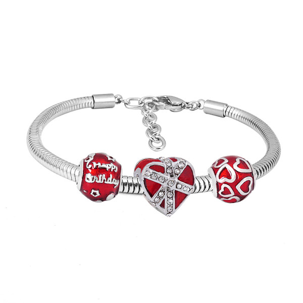 Stainless steel Charm Bracelet with red heart 3 charms completed cartoon
