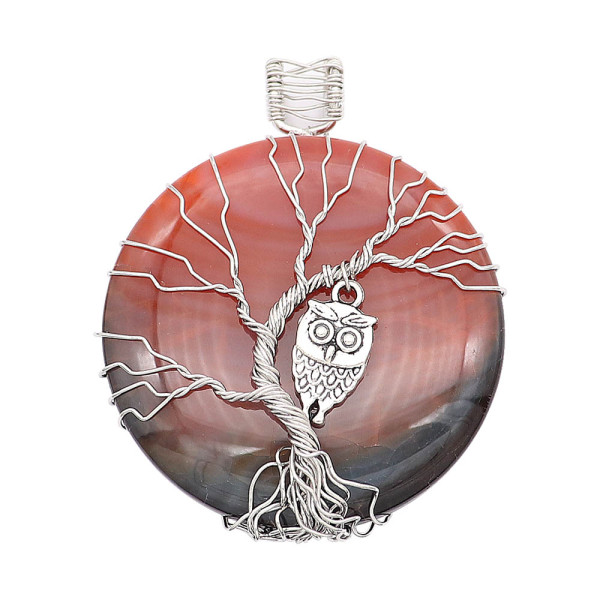 Natural stone-agate Tree of life copper Pendant of necklace Owls in the evening