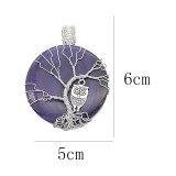 Natural stone-agate Tree of life copper Pendant of necklace Owls in the dark blue night 