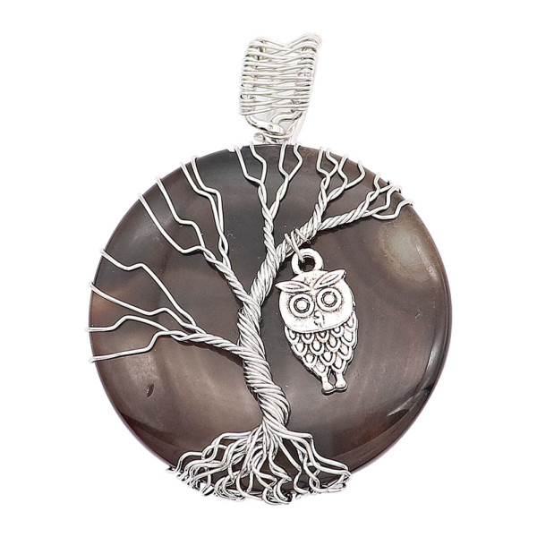 Natural stone-agate Tree of life copper Pendant of necklace Owls in the dark night