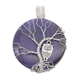 Natural stone-agate Tree of life copper Pendant of necklace Owls in the dark blue night 