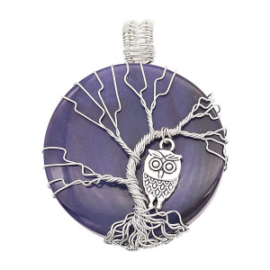 Natural stone-agate Tree of life copper Pendant of necklace Owls in the dark blue night 