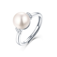 Bosom Guardian ring 8.5MM pearl Moissanite Diamond Sterling Silver Classic Ring  Platinum plating adjustable size