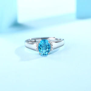 Morning of star &sea ring 1.6CT Blue Topaz gems with Moissanite Diamond Sterling Silver Classic Ring  Platinum plating adjustable size