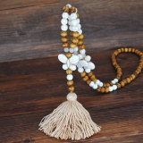 Hand made wooden beads, beads, cotton Tassel Necklace