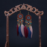 Disc pattern oil dripping Earrings wood bead water Personalized stereo  with rhinestone  alloy leaf Feather Earrings