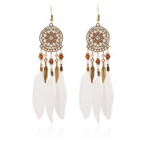 Disc pattern oil dripping Earrings wood bead water Personalized stereo  with rhinestone  alloy leaf Feather Earrings