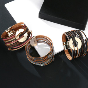Bohemian style multi-layer wide brimmed bracelet fashion crystal leather magnetic buckle bracelet