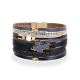 Multi layer woven leather pearl cross Beaded Bracelet
