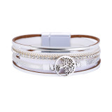 Multi layer leather buckle bracelet with diamond Life Tree