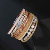 Leather Bracelet multi layer wide brimmed handmade pearl bracelet