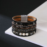 Leather Bracelet multi layer wide brimmed handmade pearl bracelet