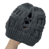 Hollow horsetail knitted hat with open back for women's wool warm hat