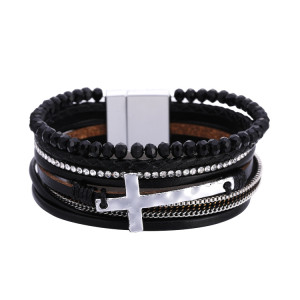 Bohemian Braided Bracelet women's personality retro Beaded Cross Bracelet multi layer magnetic buckle leather jewelry