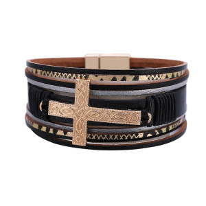 Multi layer Bracelet lovers' hand decoration ethnic style cross embossed leather magnetic clasp Bracelet