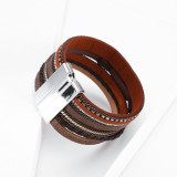 Multi layer leather clasp bracelet with diamond crystal bracelet