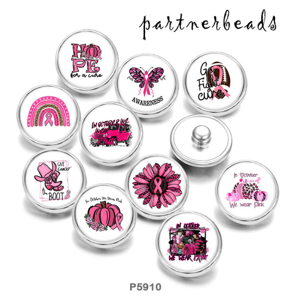 20MM  Pink Ribbon  Print   glass  snaps buttons