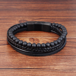 21CM Natural stone volcanic stone leather bracelet Stainless steel leather braided bracelet