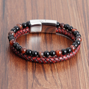 21CM Natural stone volcanic stone leather bracelet Stainless steel leather braided bracelet